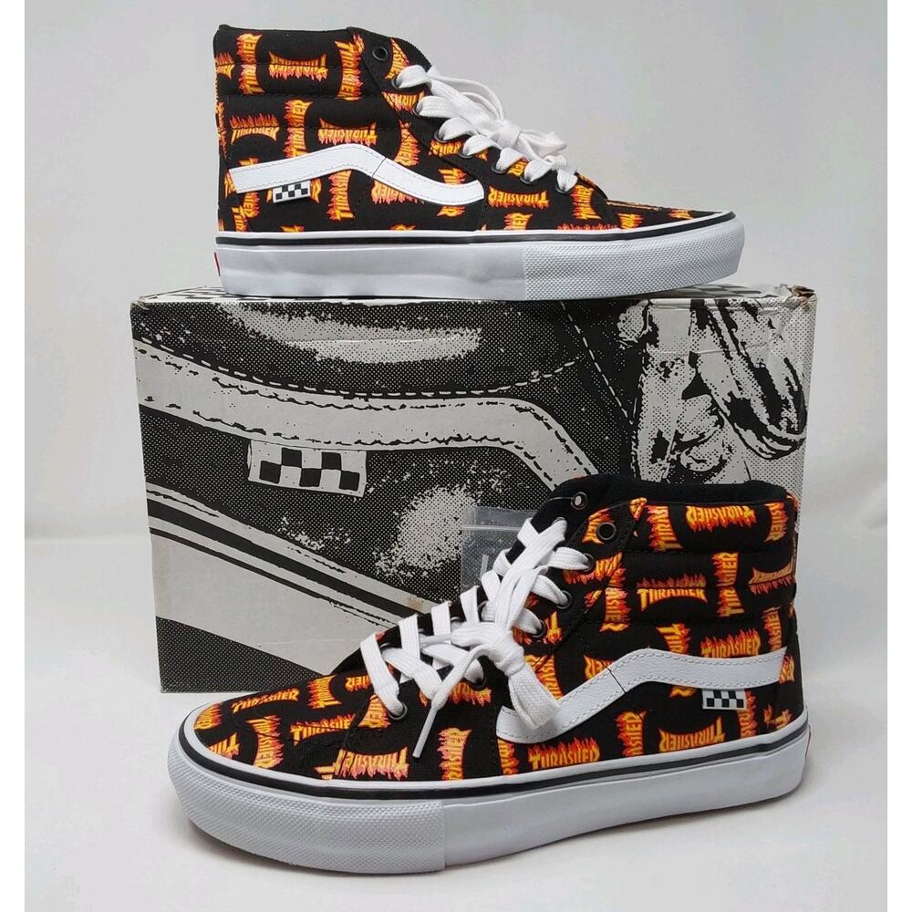 Vans Sk8-Hi Thrasher Flame Logo Black White High Top Mens Size 12